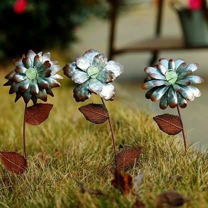 CEDAR HOME Galvanized Floral Garden Stake Outdoor Glow in Dark Plant Pick Water Proof Metal Stick Art Ornament Decor for Lawn Yard Patio, 4"W x 1.5"D x 13.8"H, 3 Set