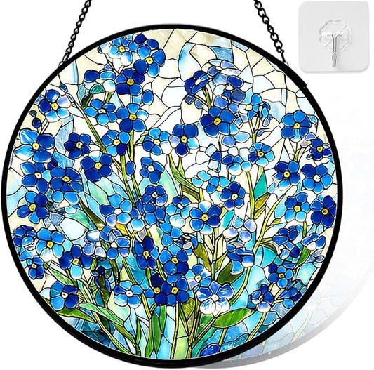 Stained Glass Window Hanging, Forget Me Not Flower Stained Glass Suncatcher, Window Decor Forget Me Not Plant Lover Gift for Women, Couples, Best Friend, Family, Colleague, Classmate 7.8 Inch