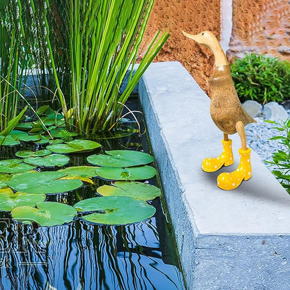 Wooden Crafted Duck Figurine with Spotty Wellies Funny Standing Duck Statues Decorative Resin Rain Boot Animal Sculpture Collectible Crafts Waterproof Garden Lawn Ornament (Yellow, 9.8Inch)