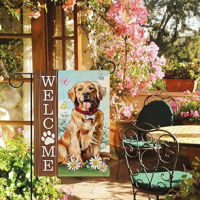 Dyrenson Welcome Golden Retriever Dog Decorative Garden Flag, Paw Prints Yard Outside Home Decoration Pet Owner Lover Gift, Spring Summer Burlap Outdoor Small Decor Double Sided 12 x 18