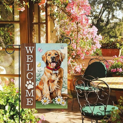 Dyrenson Welcome Golden Retriever Dog Decorative Garden Flag, Paw Prints Yard Outside Home Decoration Pet Owner Lover Gift, Spring Summer Burlap Outdoor Small Decor Double Sided 12 x 18