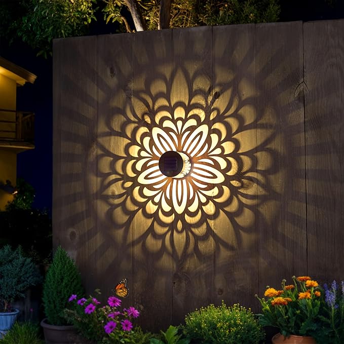 2 Pack Solar Fence Lights Metal Solar Powered Outdoor Wall Deck Step Lights Mandala Theme Waterproof Fence Light for Garden Post Patio Backyard Yard Decor, Gardening Gifts for Women Mom Grandma