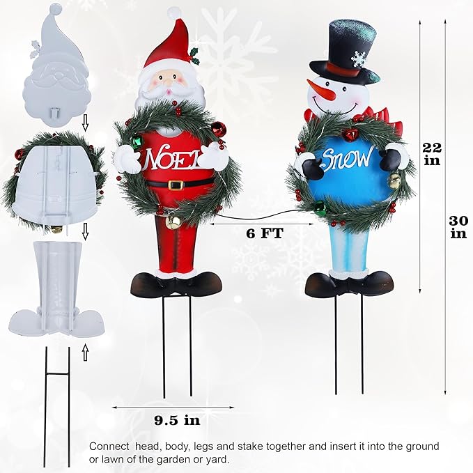 Lighted Christmas Decorations Outdoor, 2 Pack 30" Height Santa & Snowman Xmas Yard Signs Metal Garden Stakes with LED Lights, Battery Powered for Holiday New Year Winter Walkway Patio Lawn