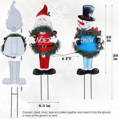 Lighted Christmas Decorations Outdoor, 2 Pack 30" Height Santa & Snowman Xmas Yard Signs Metal Garden Stakes with LED Lights, Battery Powered for Holiday New Year Winter Walkway Patio Lawn