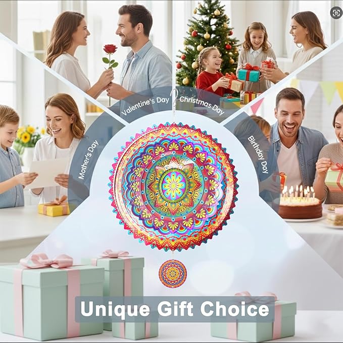 2 Pack Garden Wind Spinners Outdoor Mandala 3D Stainless Steel 12 Inch Patio Garden Decorations Multi Color Hanging Wind Spinners for Porch