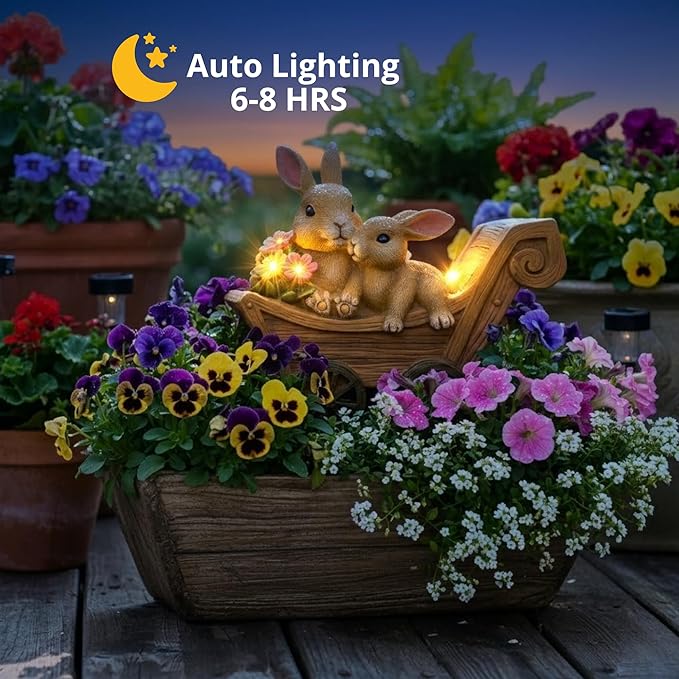 PRETMANNS Solar Garden Outdoor Statue Bunny Decor with Lights - Rabbit Lawn Ornament for Outside Yard Patio - Animal Figurines Gift for Mom Grandma - Waterproof Resin Garden Statues Outdoor - Medium