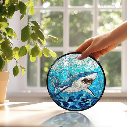 Blue Ocean Beach Shark Suncatchers Stained Glass Window Hanging, Shark Decor Sun Catchers Indoor Window Glass Round Wall Decor, Coastal Beachy Wall Hanging Decorations, 7.9x7.9in