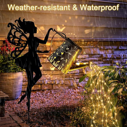 Ouddy Decor Fairy Garden Decor with Solar Watering Can, Metal Fairy Garden Statues with Hanging Lanterns Waterfall Lights Silhouette Waterproof for Lawn Pathway Gardening Gifts