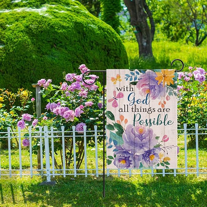 Artofy with God All Things are Possible Christian Small Decorative Garden Flag, Spring Summer Religious Purple Peony Flower Yard Outside Decor, Inspirational Farmhouse Outdoor Home Decoration 12 x 18