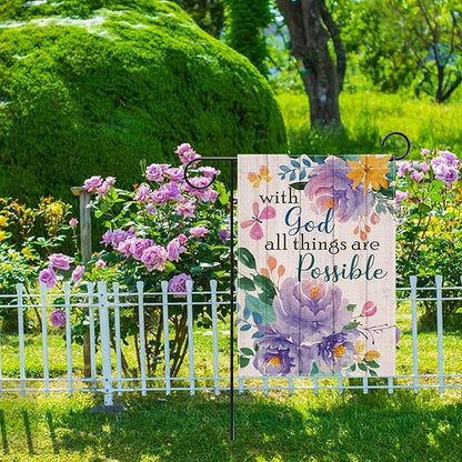 Artofy with God All Things are Possible Christian Small Decorative Garden Flag, Spring Summer Religious Purple Peony Flower Yard Outside Decor, Inspirational Farmhouse Outdoor Home Decoration 12 x 18
