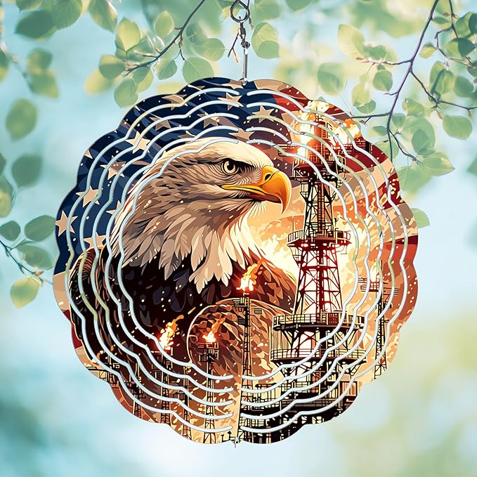 American Eagle Flag Wind Spinner Outdoor, USA 250th Anniversary Wind Chime, 8 Inch 3D Metal Garden Wind Spinner, Stainless Steel Patriotic Yard Hanging Decor Gift