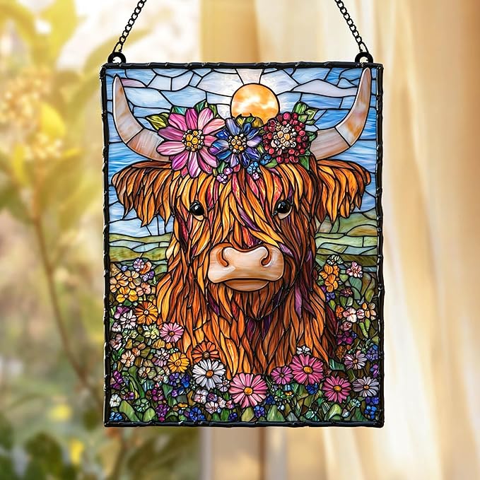 Highland Cow Acrylic Suncatcher - Faux Stained Glass Indoor Window Hanging Ornament, Outdoor Sun Catcher Panel, Home Decor Gift for Farm Animal Lovers
