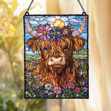 Highland Cow Acrylic Suncatcher - Faux Stained Glass Indoor Window Hanging Ornament, Outdoor Sun Catcher Panel, Home Decor Gift for Farm Animal Lovers