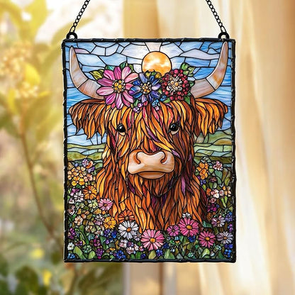 Highland Cow Acrylic Suncatcher - Faux Stained Glass Indoor Window Hanging Ornament, Outdoor Sun Catcher Panel, Home Decor Gift for Farm Animal Lovers