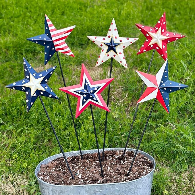 4th of July Decorations Outdoor 19" Metal Barn Star 6-Pack, Patriotic Outdoor Decorations, Rustic Iron Decorative Garden Stakes with American Flag Stars for Yard Patio Lawn