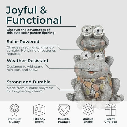 Frogs Piggy Back Ride with Solar Eyes Statue for Garden Decor - Stone Like Figurine for Front Porch, Outdoor Garden, Patio, and Yard Decor - Sculptural Yard Art for Entryway - 14", Gray & Yellow