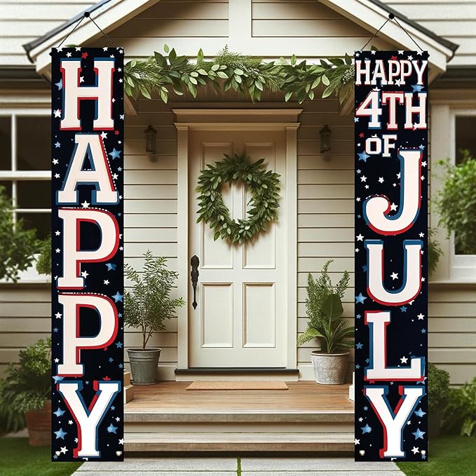 4th of July Porch Banners 71x12 Inch Patriotic Independence Day Decorations Red White Blue Hanging Door Signs American Flag Stars Stripes Outdoor Home Decor Memorial Day Party Supplies