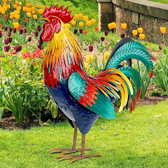Kircust Metal Rooster Garden Statue Outdoor Decor Yard Art Chicken Decoration for Home Patio Lawn Backyard Farmhouse Kitchen