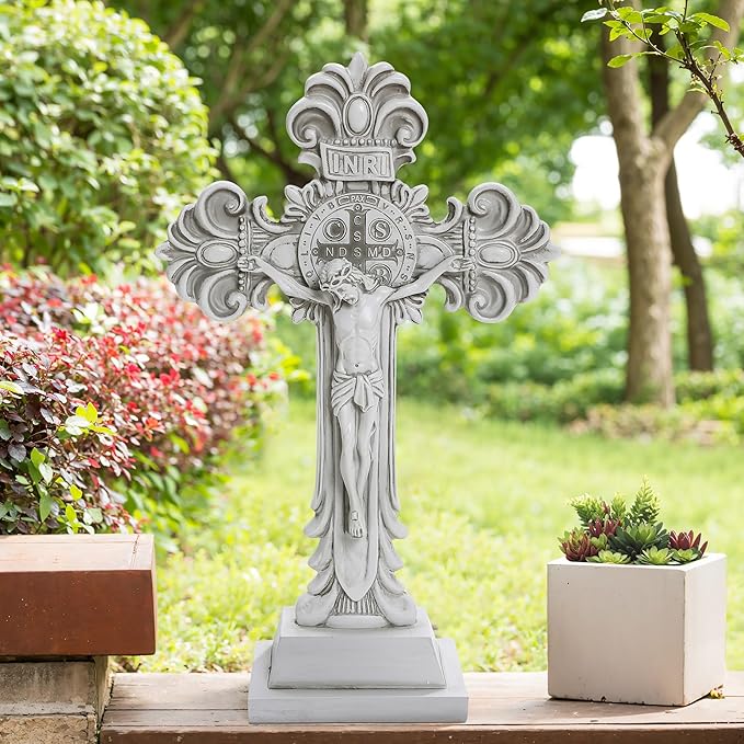 LuxenHome Jesus Cross Decor Statue, 19 Inch Tall Off White Polyresin Holy Cross Jesus Crucifix Statue, Standing Crucifix Catholic Decor for Indoor Outdoor Garden, Christ Sculpture Gift