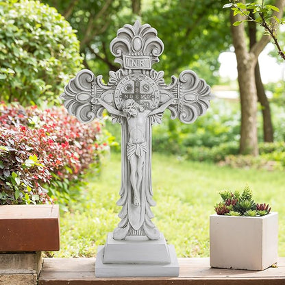 LuxenHome Jesus Cross Decor Statue, 19 Inch Tall Off White Polyresin Holy Cross Jesus Crucifix Statue, Standing Crucifix Catholic Decor for Indoor Outdoor Garden, Christ Sculpture Gift