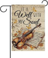 Dyrenson Inspirational It is Well with My Soul Decorative Garden Flag, Vintage Musical Yard Outside Home Decoration Music Lover Gift, Retro Violin Music Sheet Outdoor Small Decor Double Sided 12 x 18