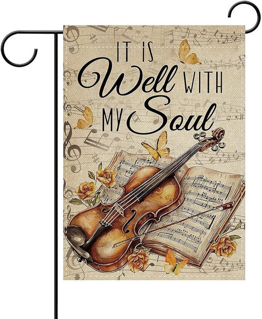 Dyrenson Inspirational It is Well with My Soul Decorative Garden Flag, Vintage Musical Yard Outside Home Decoration Music Lover Gift, Retro Violin Music Sheet Outdoor Small Decor Double Sided 12 x 18