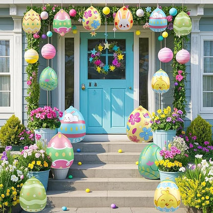 16 PCS 9 Inch, 16 Inch Easter Egg Inflatable Balloons Hanging Inflatable Easter Balloons Colorful Inflatable Egg Decorations for Yard Garden Holiday Party Home Decor