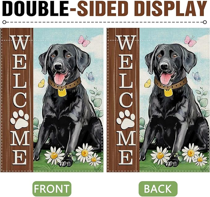 Dyrenson Welcome Black Labrador Dog Decorative Garden Flag, Paw Print Yard Outside Home Decorations Pet Lover Gifts, Spring Summer Burlap Outdoor Small Decor Double Sided 12 x 18