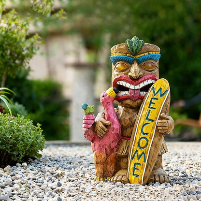 Solar Tiki Statue Outdoor Decor - Tiki Surfboard Welcome Sign Flamingo Waterproof Figurines for Tiki Bar,Patio,Balcony,Yard,Lawn Decorations,Gardening Gift for Tiki Lover