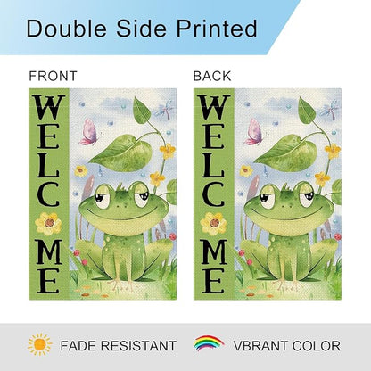 DLZDN Spring Summer Frog Garden Flag 12×18 Inch Double Sided Vertical Burlap Farmhouse Welcome Yard Flag Seasonal Outdoor Decor