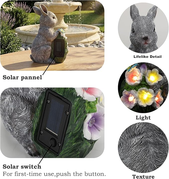 PETAFLOP Solar Garden Rabbit Statue Decor, Bunny Figurine with Flower Lights for Yard, Patio, Pathway, Lawn, Patio, Balcony