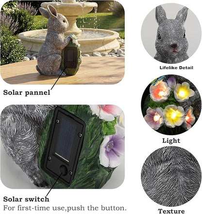 PETAFLOP Solar Garden Rabbit Statue Decor, Bunny Figurine with Flower Lights for Yard, Patio, Pathway, Lawn, Patio, Balcony