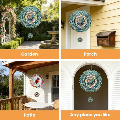 Wind Spinners Outdoor Peacock, 12 inch Laser Cut Metal Art Geometric Pattern Wind Spinners Hanging Kinetic for Yard, Garden, Patio, Outdoor - Craft Decor Birthday Gifts for Women, Men, Mom