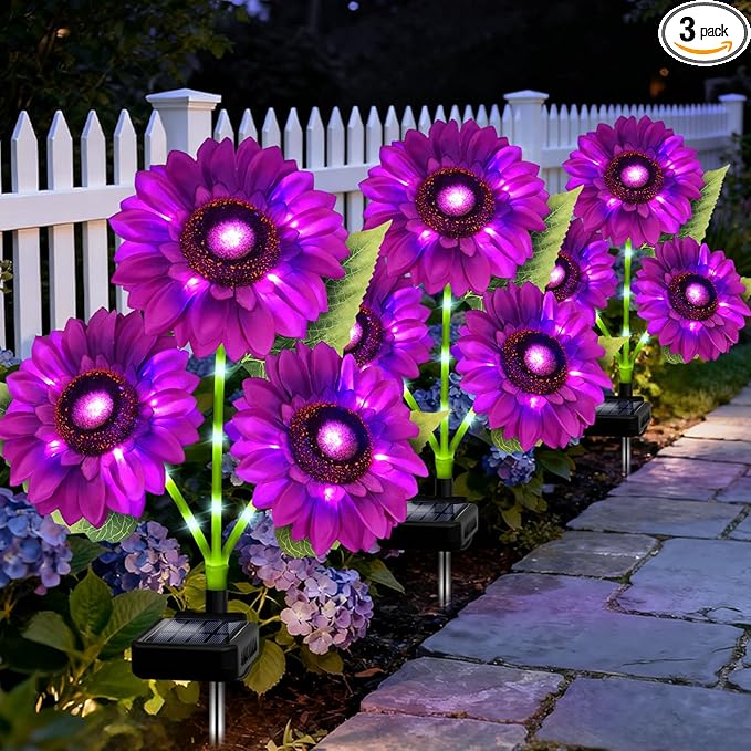 Solar Garden Lights Outdoor, 3 Pack Sunflower Lights with 9 Large Purple Sunflower, Waterproof Garden Decor, Birthday Gifts for Mom Grandma, Decorative Solar Flowers for Pathway Patio Yard Decoration