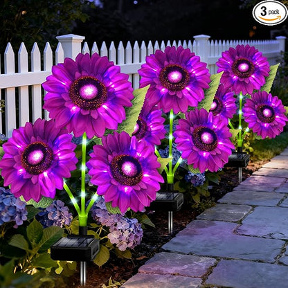 Solar Garden Lights Outdoor, 3 Pack Sunflower Lights with 9 Large Purple Sunflower, Waterproof Garden Decor, Birthday Gifts for Mom Grandma, Decorative Solar Flowers for Pathway Patio Yard Decoration