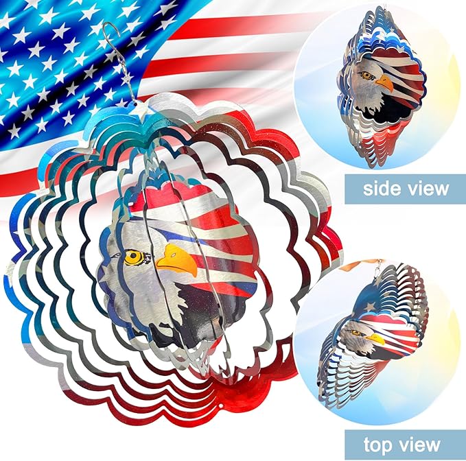 3D Eagle Wind Spinner - American Flag Eagle Design, 12In Holographic Hanging Wind Sculptures, Outdoor Yard Garden Decor for 4th of July, Memorial Day, for Men Women Dad Mom
