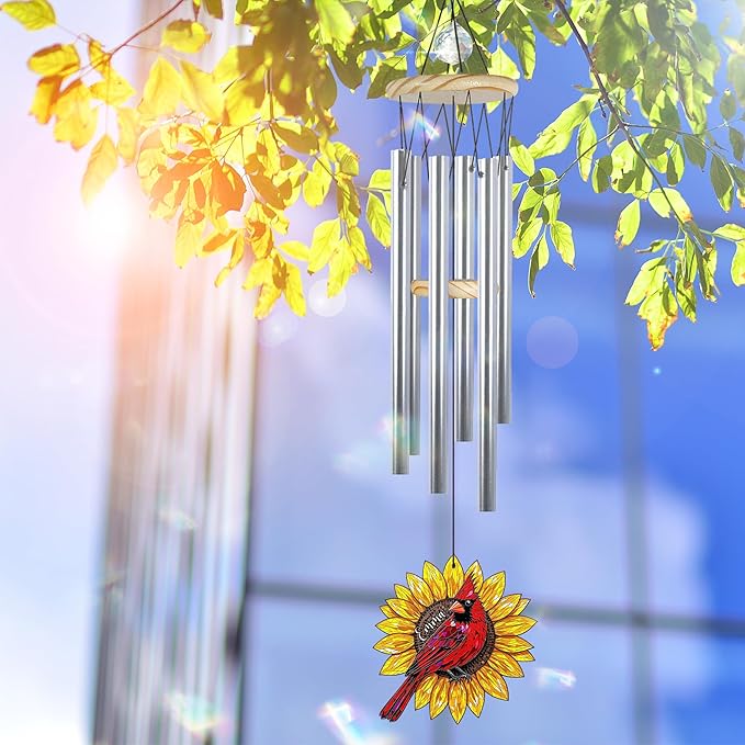 Personalized Memorial Wind Chimes for Loss of Loved One, Custom Crystal Sunflower Cardinal Memory Ornament, Remembrance Gifts for Loss of Mother Dad, Sympathy Suncatcher Windchimes, Garden Décor