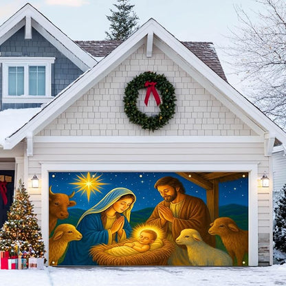 HOMETITUTE Christmas Garage Door Banner 13x6ft Nativity Scene Holy Family Star Backdrop Banners for Outside Indoor Winter Door Cover Garage Wall Covering for Party Garage Decorations