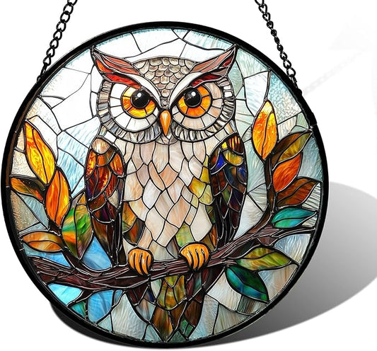 DASTOLL Stained Glass Window Hanging, Owl Colorful Leaves Birds Sun Catchers Diamond Glass Panel Hangings Suncatcher Decor for Birthday for Women, Men, Wife, Aunt, and Mom 9.8 in