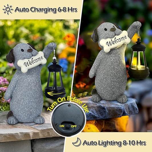 Dog Garden Statue with Solar Lantern, Cute Dog Figurine Light Decor with Welcome Sign for Outdoor Patio Balcony Yard Art, Warming Unique Resin Statue for Mom Grandma Women