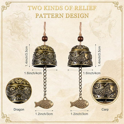 Chuangdi 2 Pcs Fengshui Bell Vintage Dragon Bell Fengshui Wind Chimes Good Luck Hanging Supplies for Home Garden Good Luck Blessing Patio Yard Indoor Outdoor Front Door Decorations (Dragon and Carp)