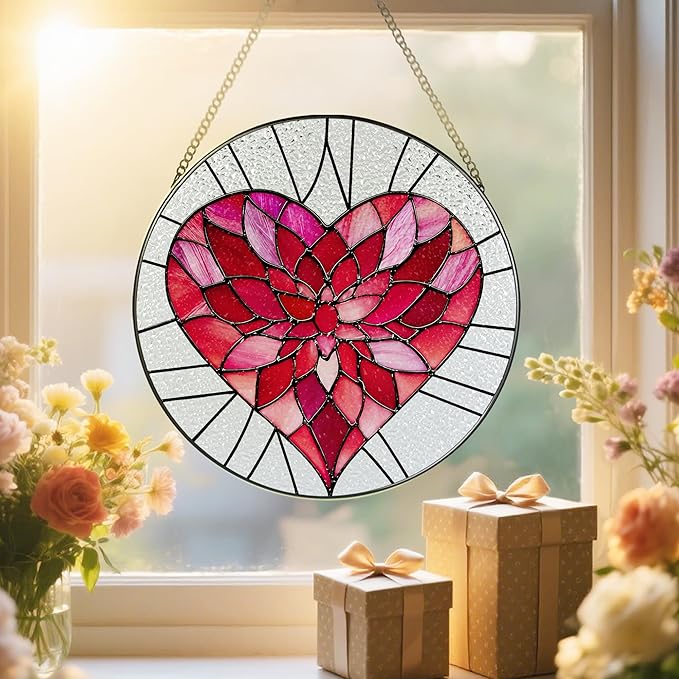 Stained Glass Window Hanging - 8 Inch Valentine Sun Catcher, Suncatcher Window Decor | Anniversary, Birthday, Christmas, Mother's Day, Valentine’s Day Gifts for Couple, Lover, Mom, Wife, Girlfriend