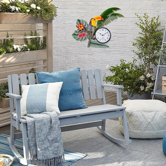 Toucan Outdoor Clock Silent Non-Ticking, Indoor Outdoor Clock and Thermometer Combo, Outside Wall Clock Metal Wall Art Decor for Patio, Garden, Home Decor