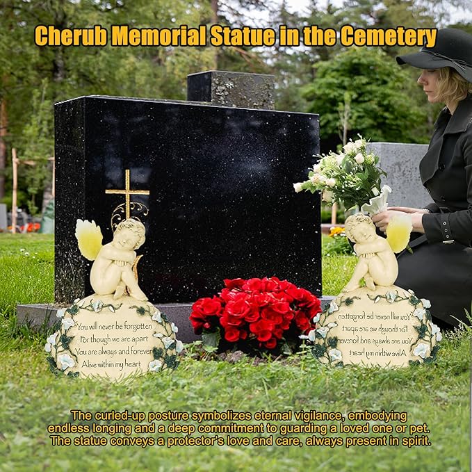 Inyasnowdis Solar Garden Angel Memorial Statue - Bereavement Gifts for Loved Ones & Pets, Hand-Painted Garden Sculpture with Engraved Stone Cemetery Grave Decorations