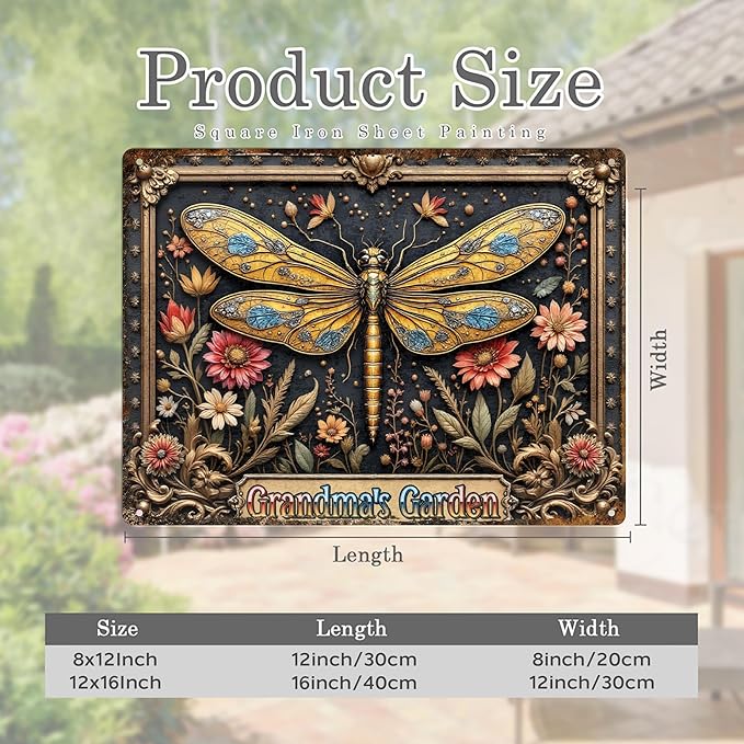 Custom Garden Signs Personalized Metal Tin Sign for Women, Dragonfly Metal Sign for Outdoor, Patio, Yard Rustic Home Decor Gift for Mothers Day, Grandmas, and Gardening Lovers