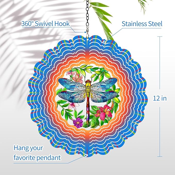 Dragonfly Wind Spinners Garden Decor as Birthday Gifts for Women Mom,12 inch 3D Stainless Steel Hanging Wind Spinner Metal Catchers Kinetic Sculpture for Outdoor Decor, Patio,Yard Decorations