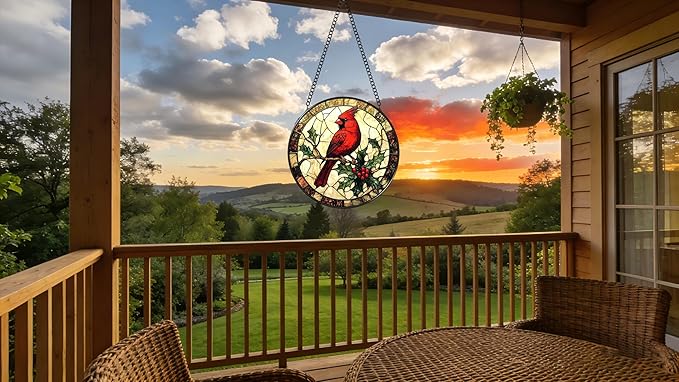 Stained Glass Window Hanging Ornament, The Red Bird Stopped on The Branch 6.3 Inches Suncatcher for Window Home Decor Bithday Christmas Monther's Day Gifts for Women Men and Mom