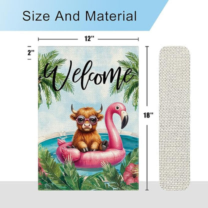 DLZDN Welcome Summer Highland Cow Garden Flag 12×18 Inch Double Side Vertical Burlap Farmhouse Yard Flag Summer Seasonal Outdoor House Decoration