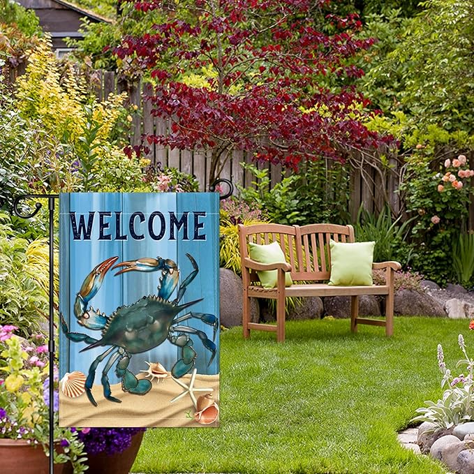 WHPCT Crab Garden Flag,Welcome to Undersea World Garden Flag,Marine Life Yard Porch, Party Holiday Decor, Vertical Double Side 12x18 Inch