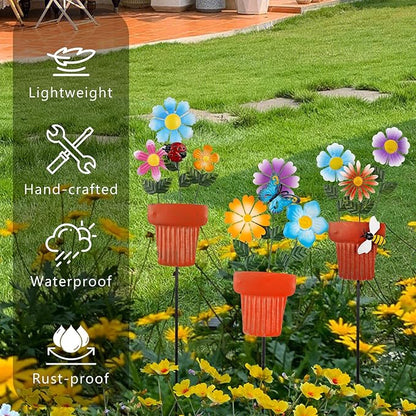 3 Pcs Metal Flower Garden Stakes, 24" H Flower Pot Shape Decorative Garden Stakes, Metal Yard Art for Outdoor Spring Lawn Patio Pathway Decor
